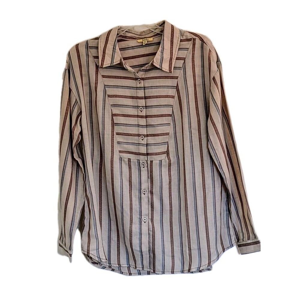 Kori America Women’s Medium Striped Button Front Blouse Cotton Blend Boho Top